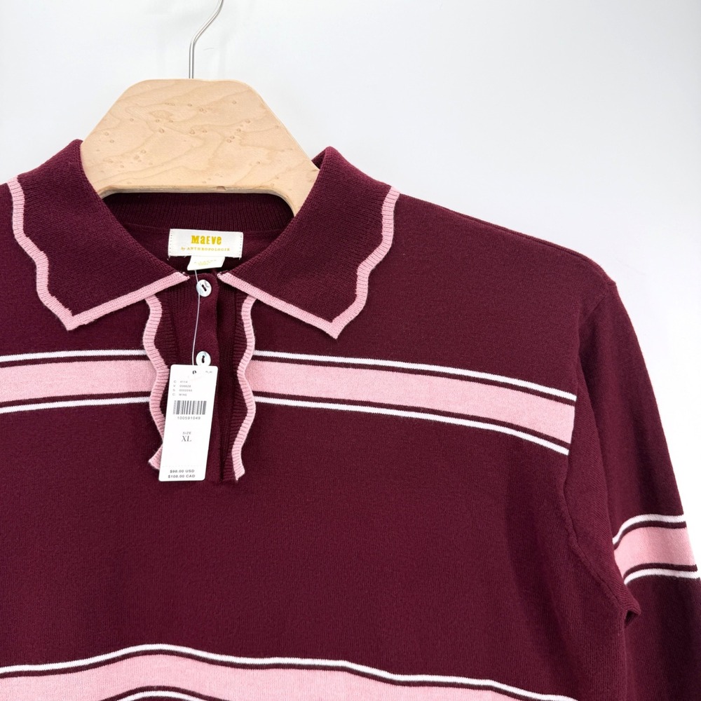 Maeve Anthropologie Knit Polo Women XL Wine Pink Scalloped Stripe Ruffle Sweater - Picture 3 of 12